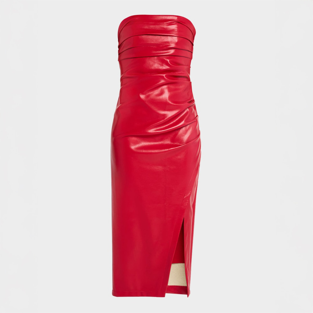 NWT Cinq à Sept Vegan Leather Adira Midi Strapless Dress Red Currant - Size 6
